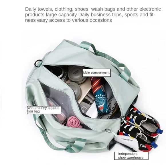 Duffle Gym Bag Separate Shoes Pocket Wet and Dry Separation Small Mint Green - Picture 4 of 10